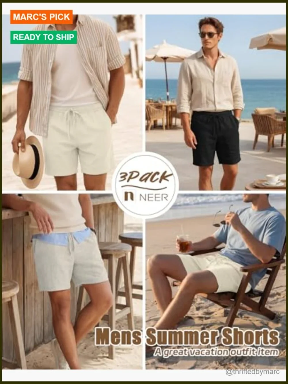 3 Pack Men's Linen Shorts Elastic Waist Drawstring Lightweight Summer Casual